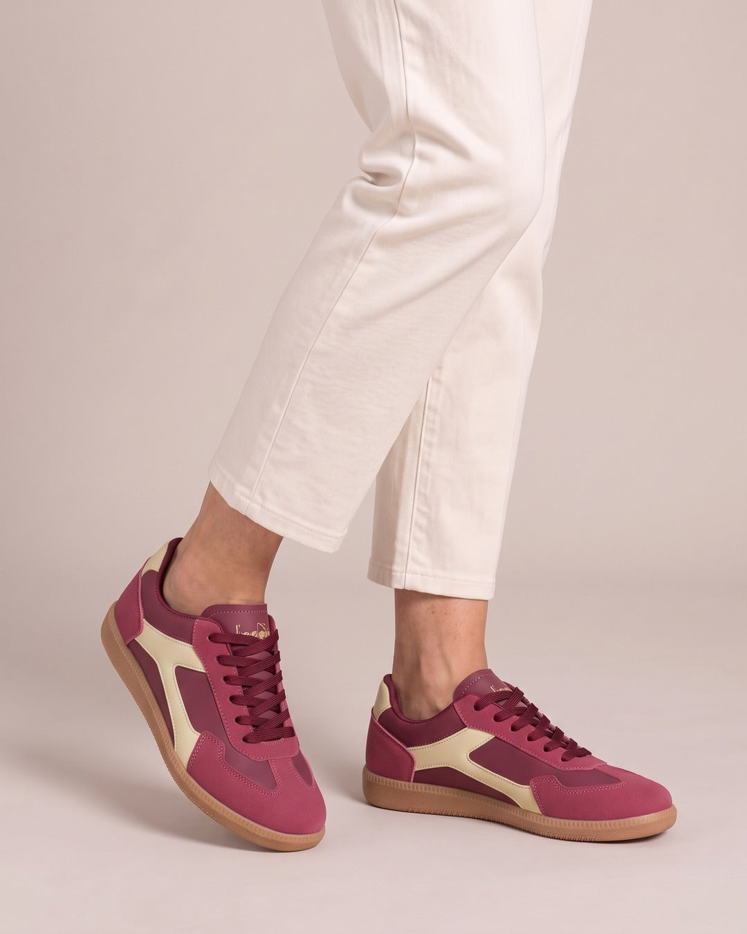 Colour-Block Retro Trainer in Wine, worn