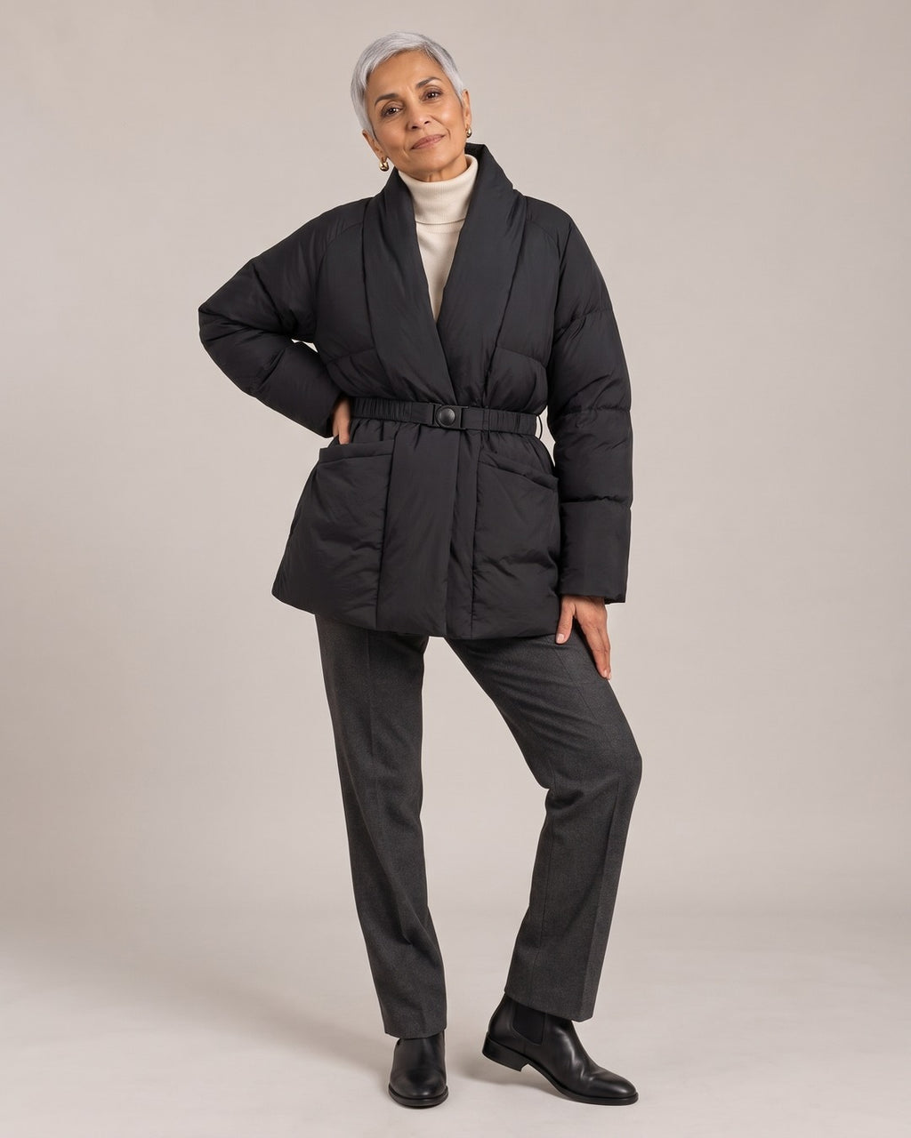 Belted V-Neck Puffer Jacket worn by a model