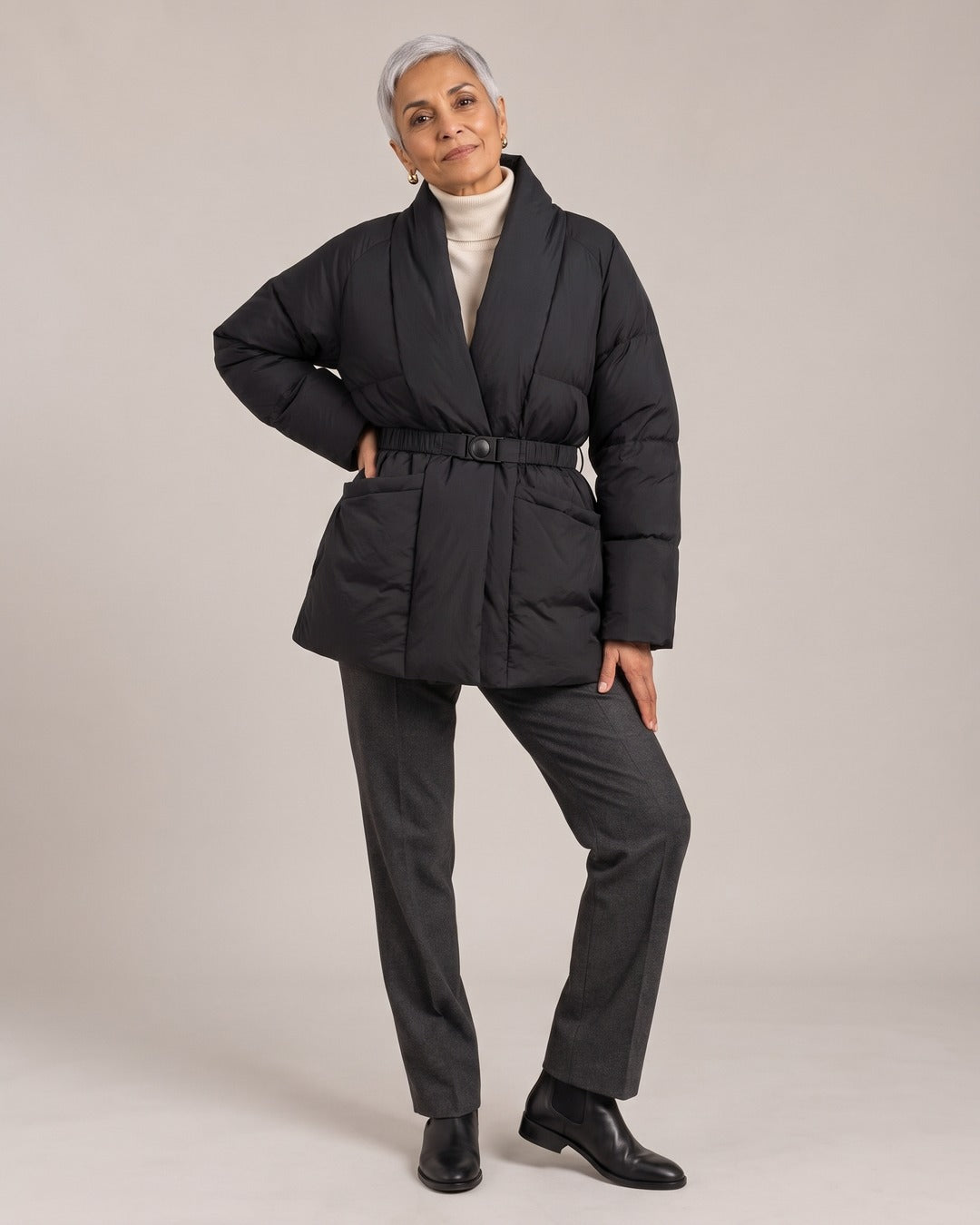 Belted V-Neck Puffer Jacket worn by a model