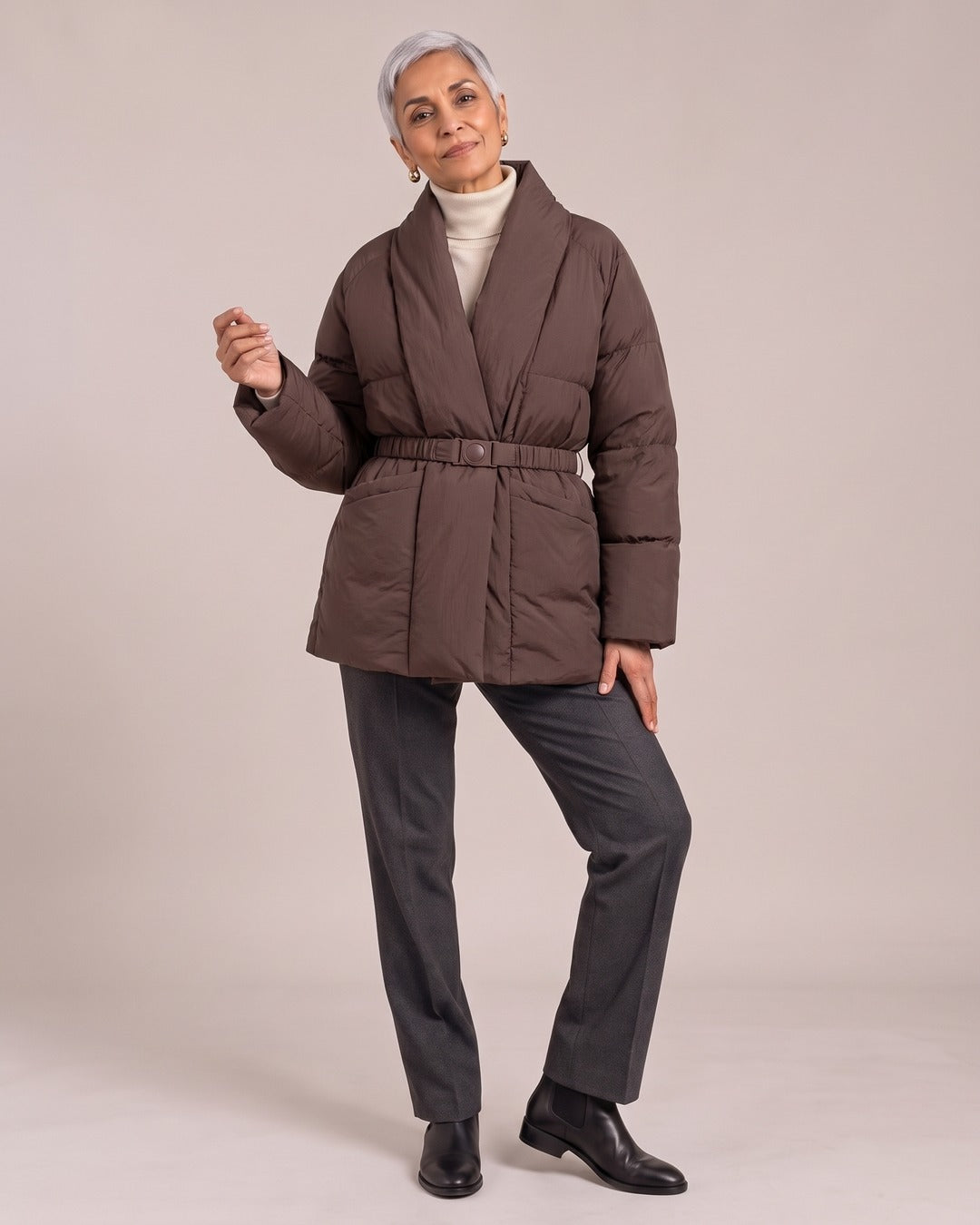 Belted V-Neck Puffer Jacket worn by a model, Brown