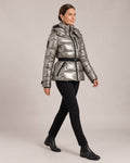 Metallic Hooded Puffer Jacket worn by a model