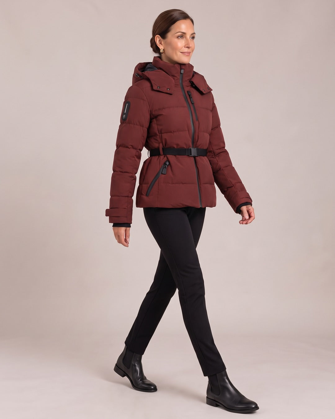 Metallic Hooded Puffer Jacket worn by a model, Burgundy