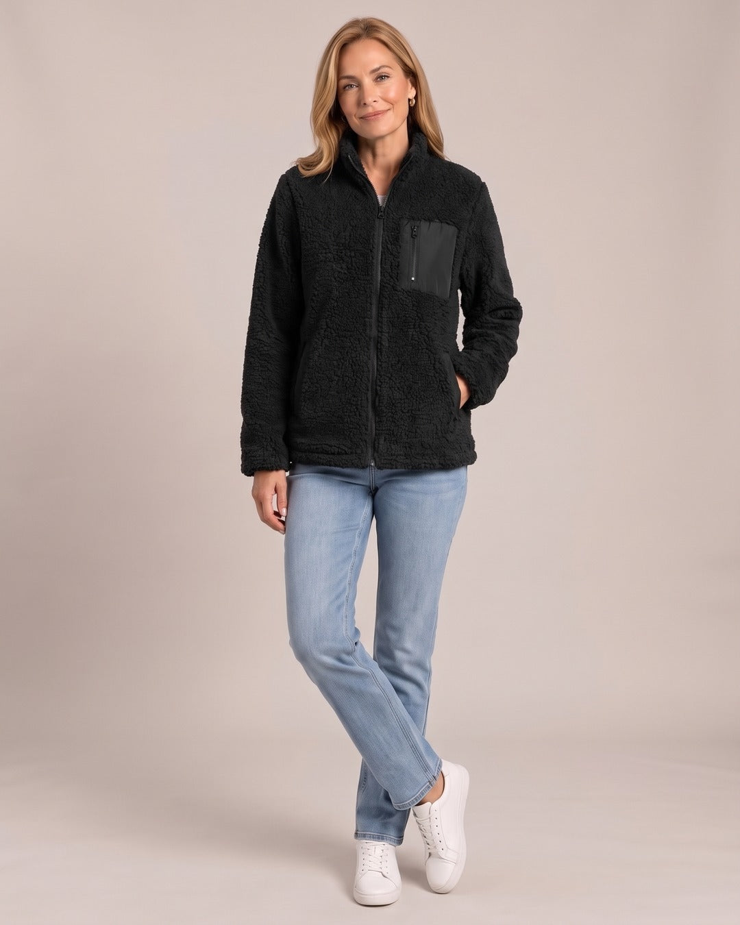 Sherpa Zip-Up Jacket worn by a model, Black