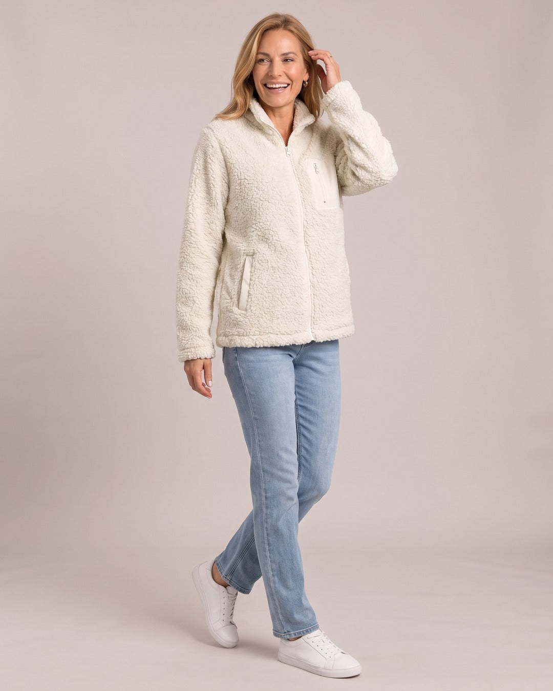 Sherpa Zip-Up Jacket worn by a model, White