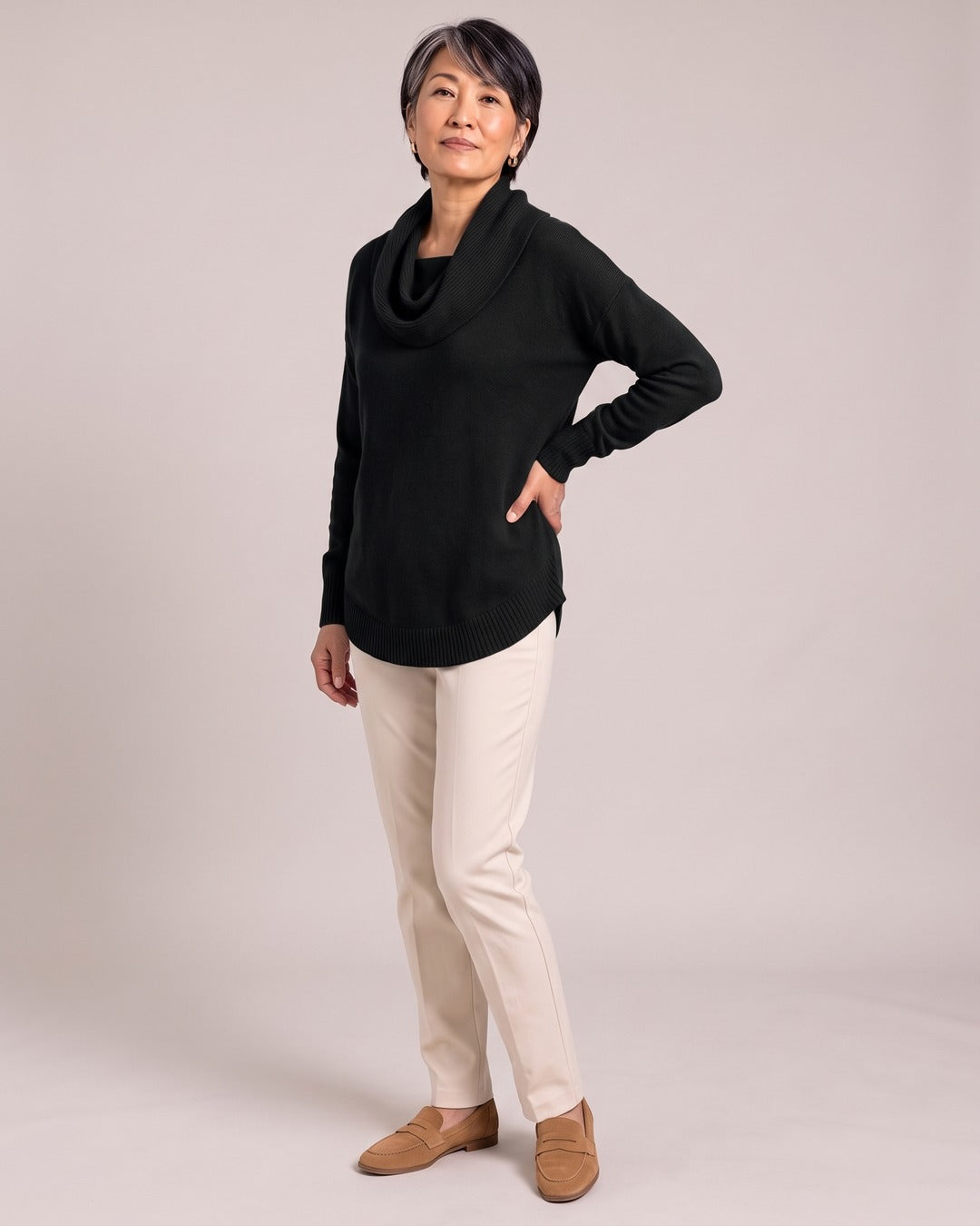 Cowl-Neck Jumper worn by a model, Black