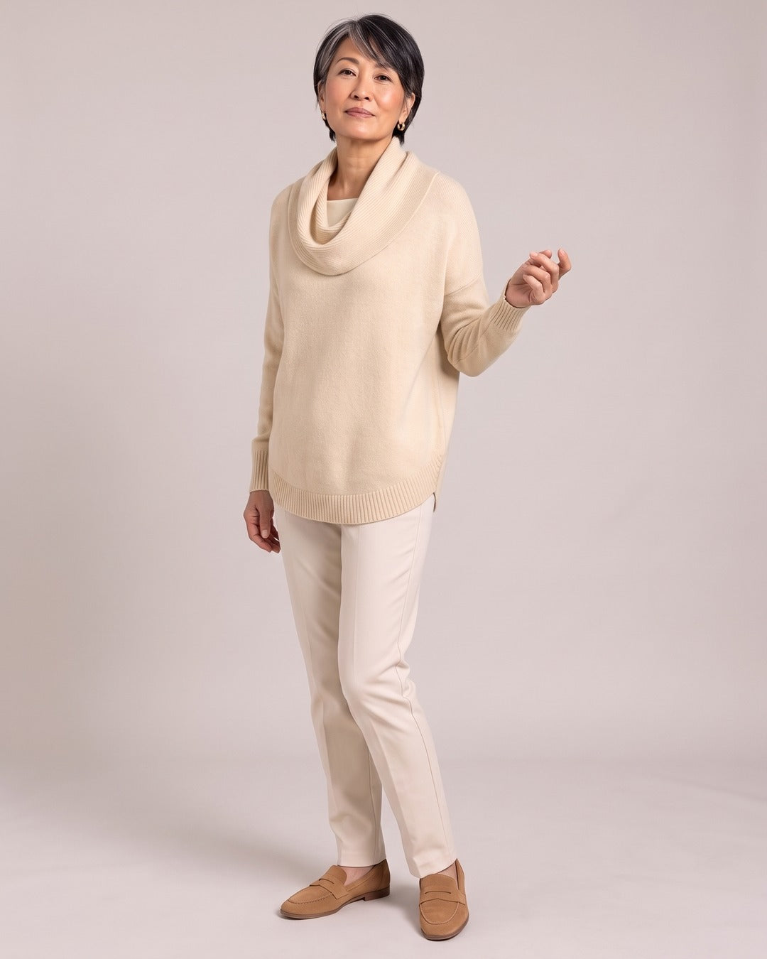 Cowl-Neck Jumper worn by a model, Cream