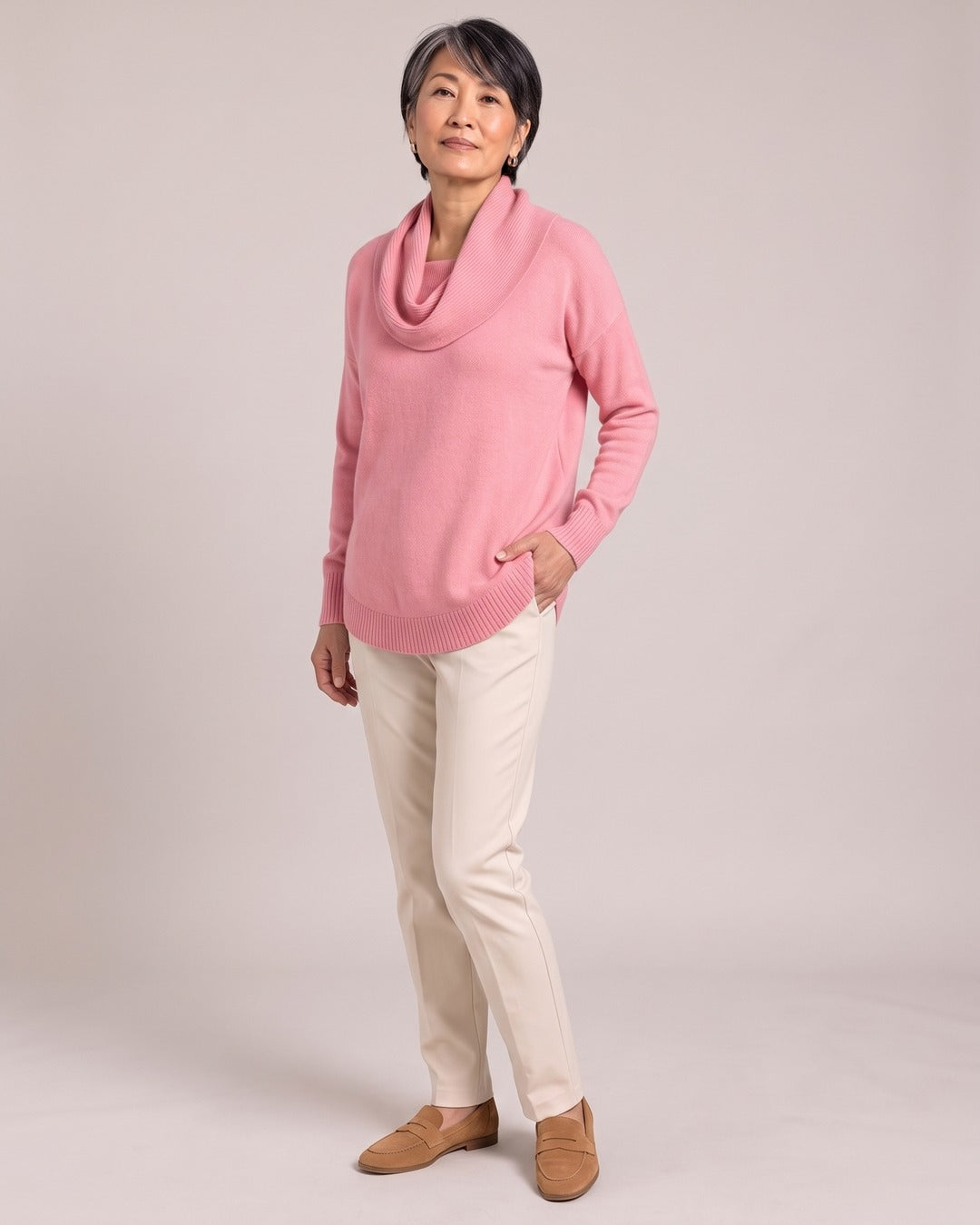 Cowl-Neck Jumper worn by a model, Pink