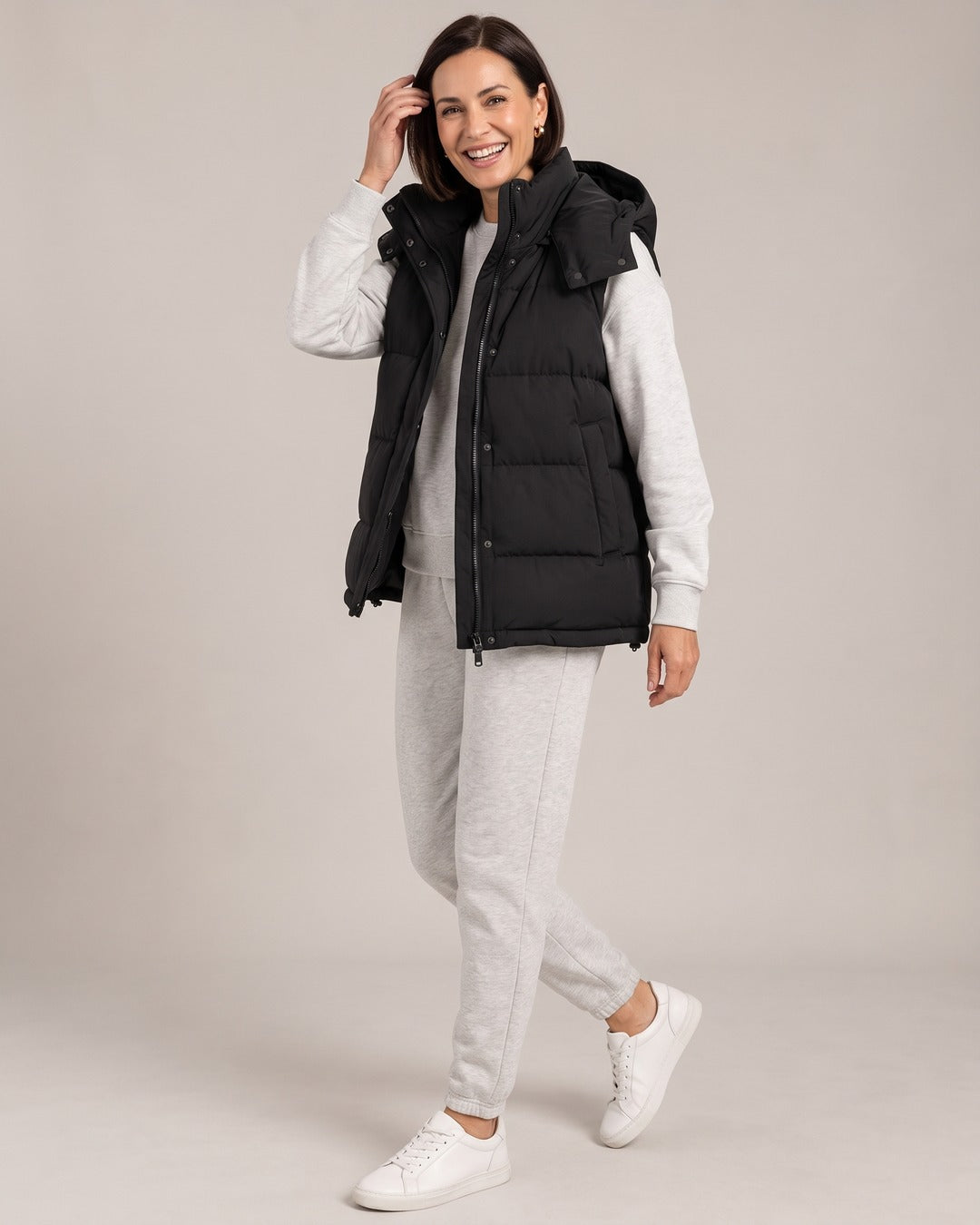 Hooded Puffer Gilet worn by a model