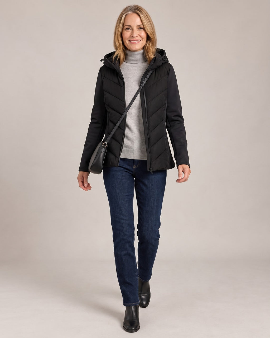 Hooded Chevron Quilted Jacket worn by a model