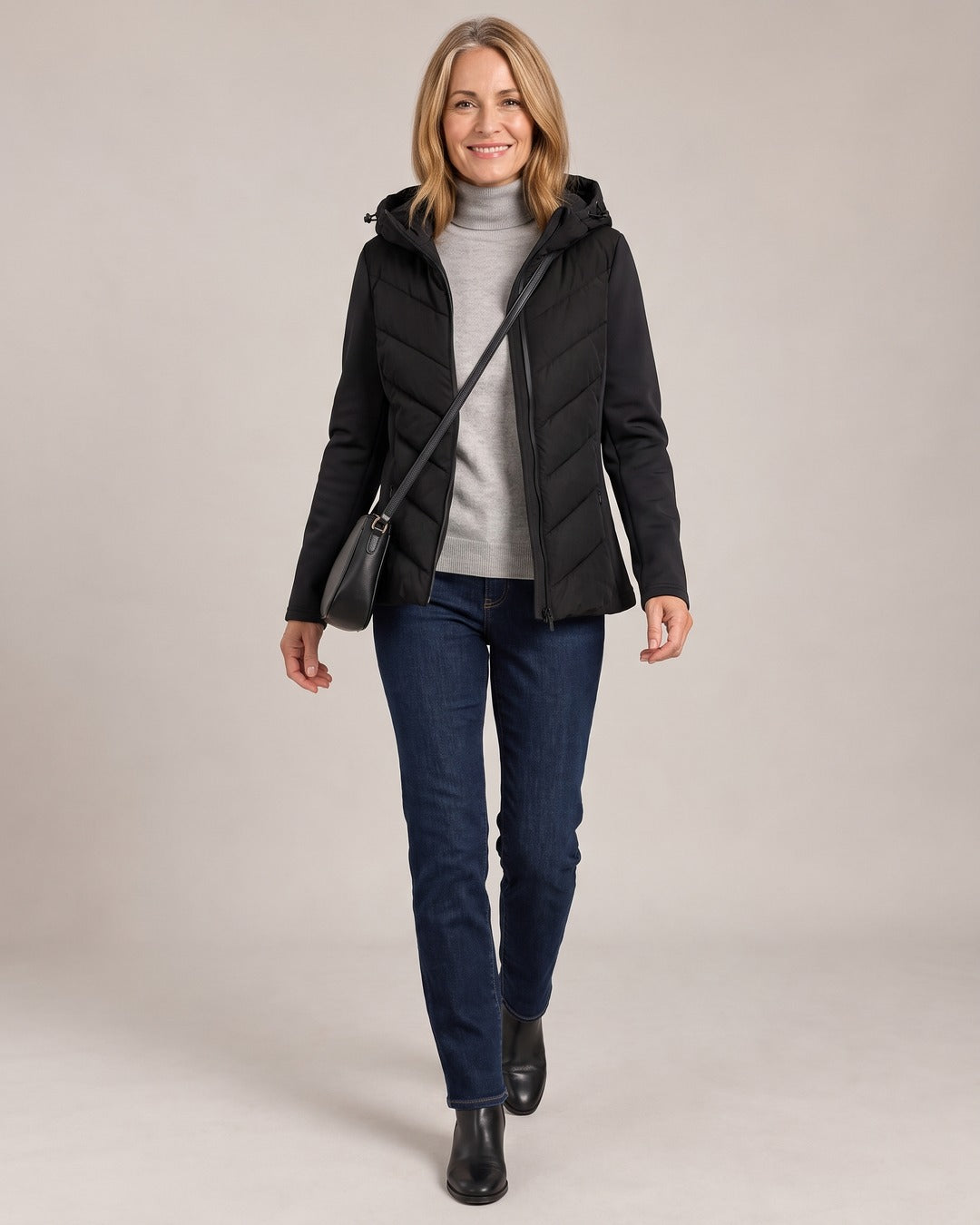 Hooded Chevron Quilted Jacket worn by a model