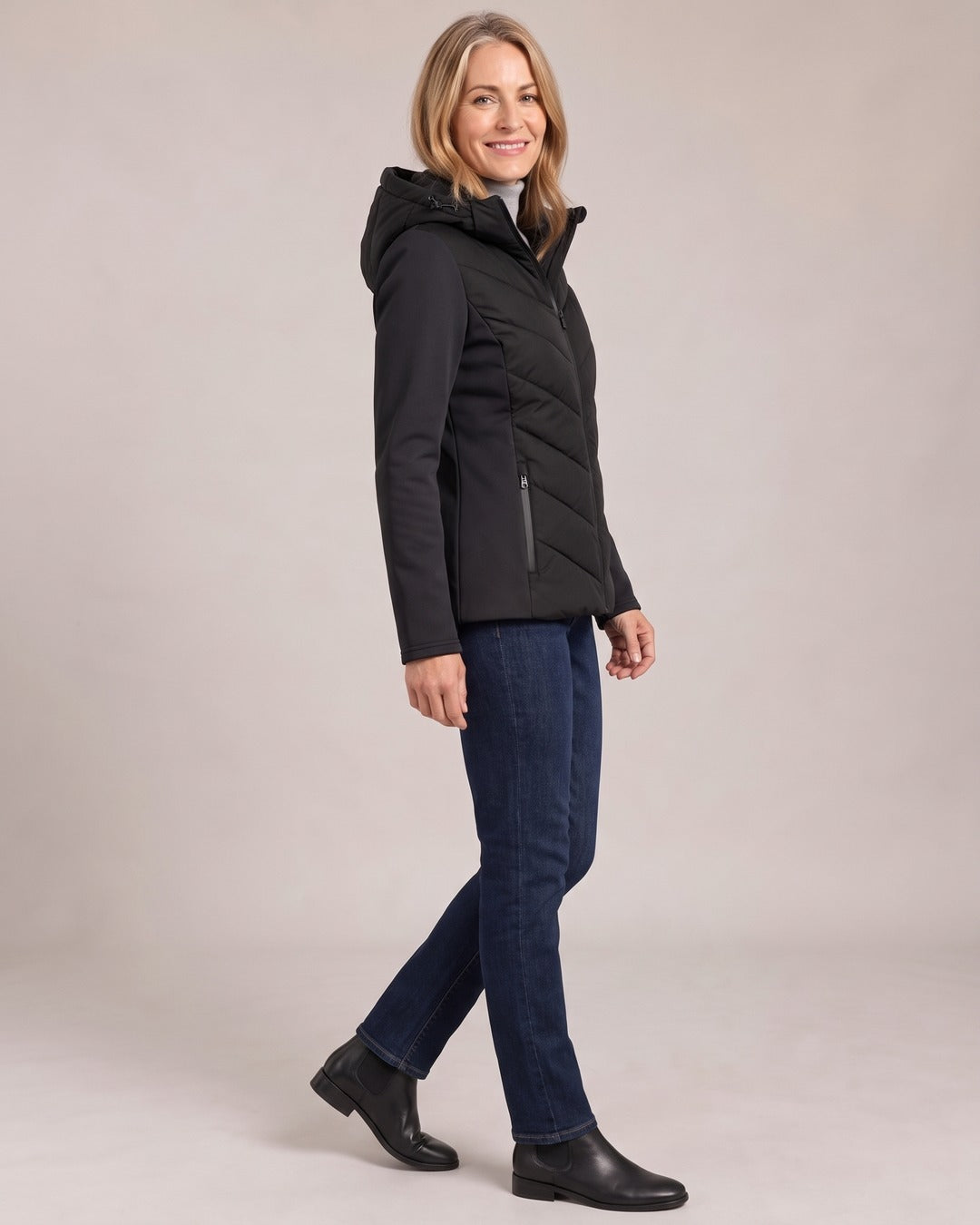 Hooded Chevron Quilted Jacket worn by a model, side view