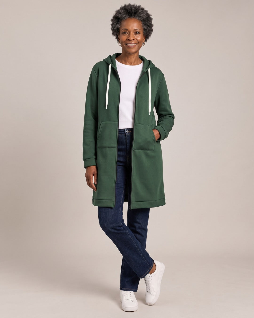 Longline Zip-Up Fleece Hoodie worn by a model