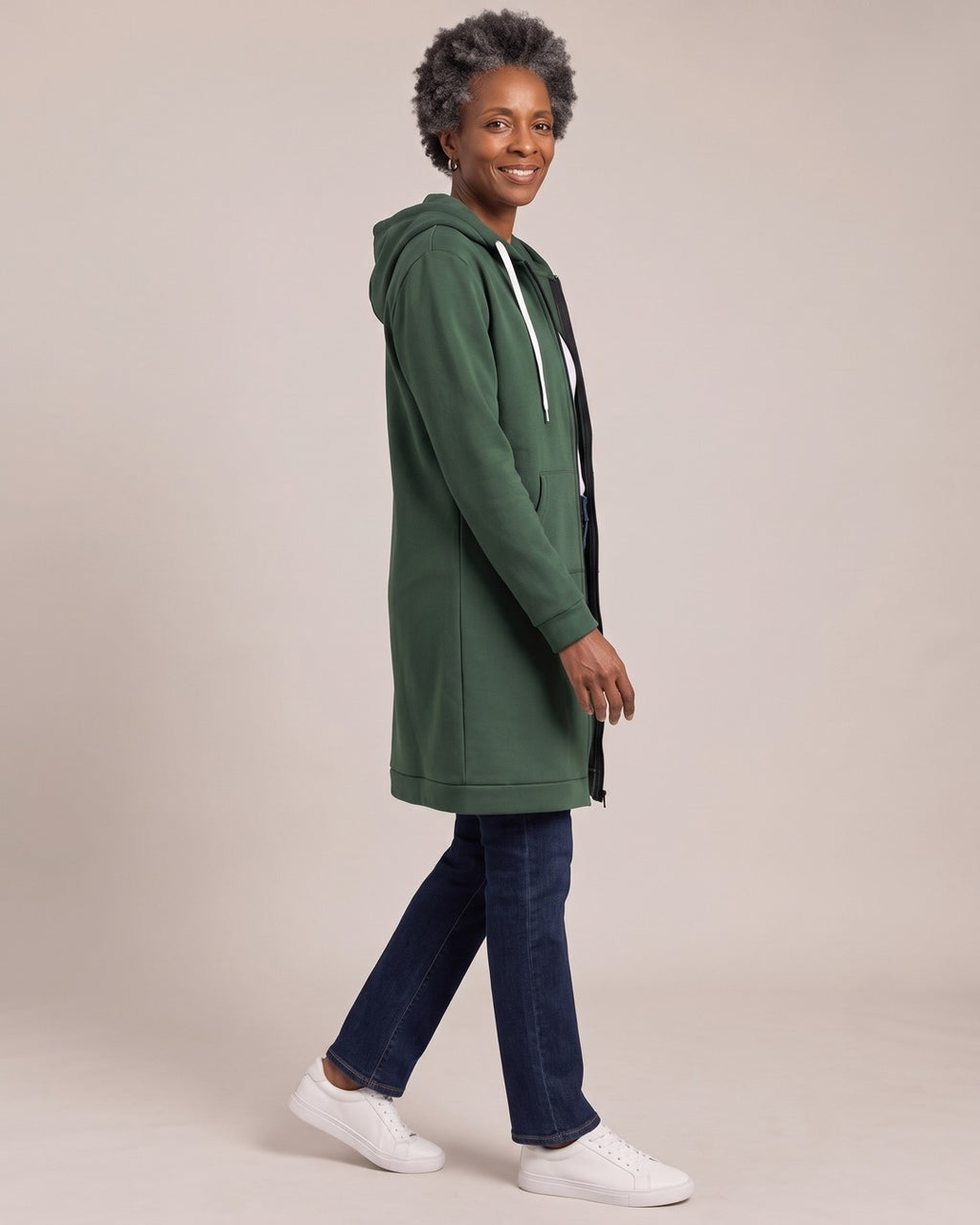 Longline Zip-Up Fleece Hoodie worn by a model, side view
