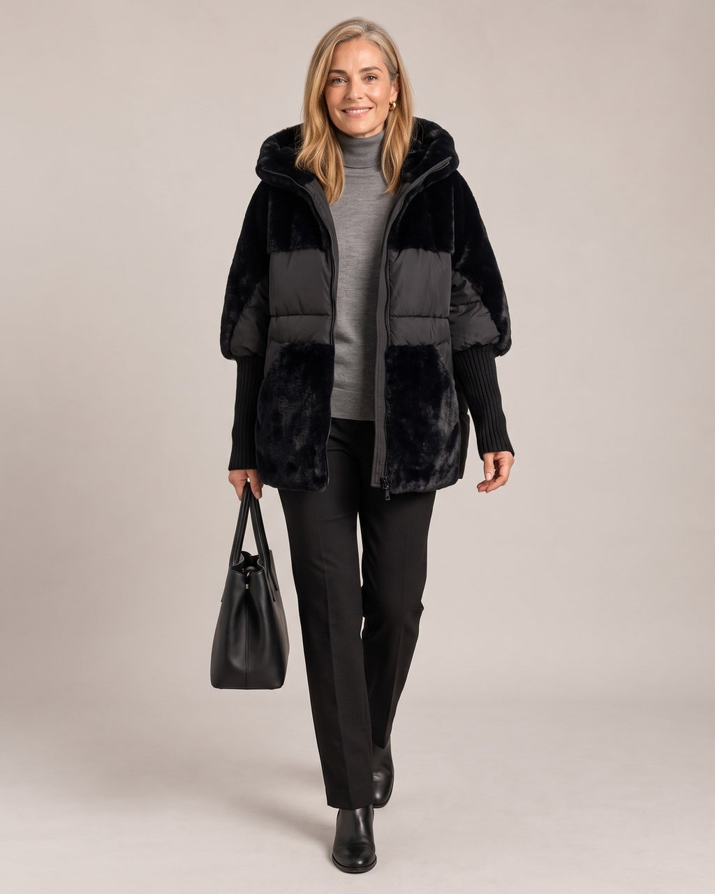 Hooded Faux-Fur Panel Puffer Jacket worn by a model