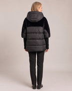 Hooded Faux-Fur Panel Puffer Jacket worn by a model, back view