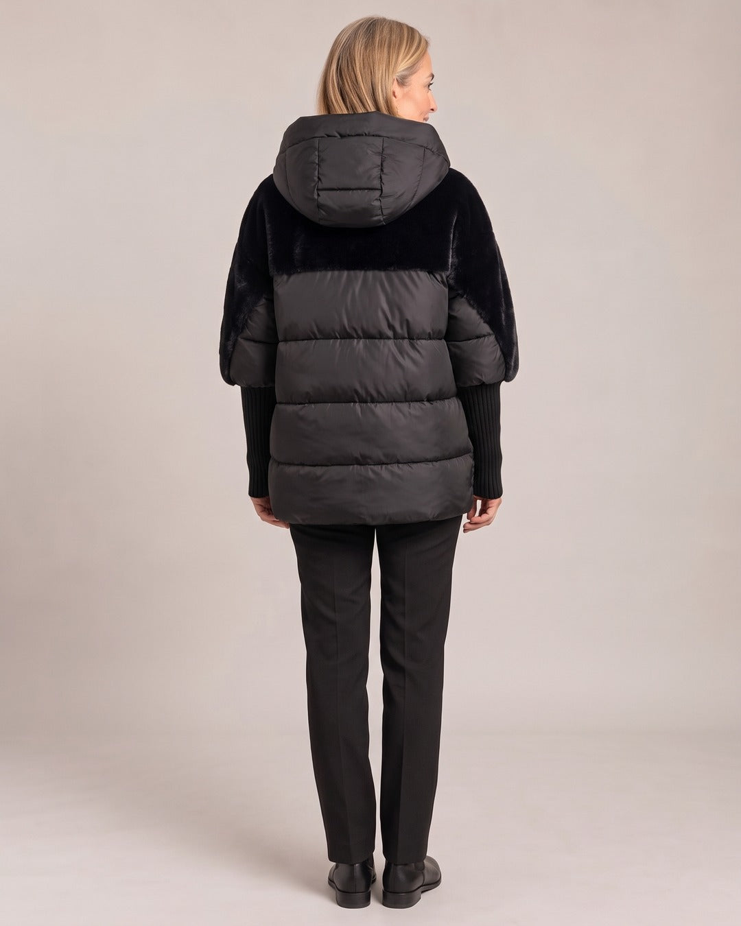 Hooded Faux-Fur Panel Puffer Jacket worn by a model, back view