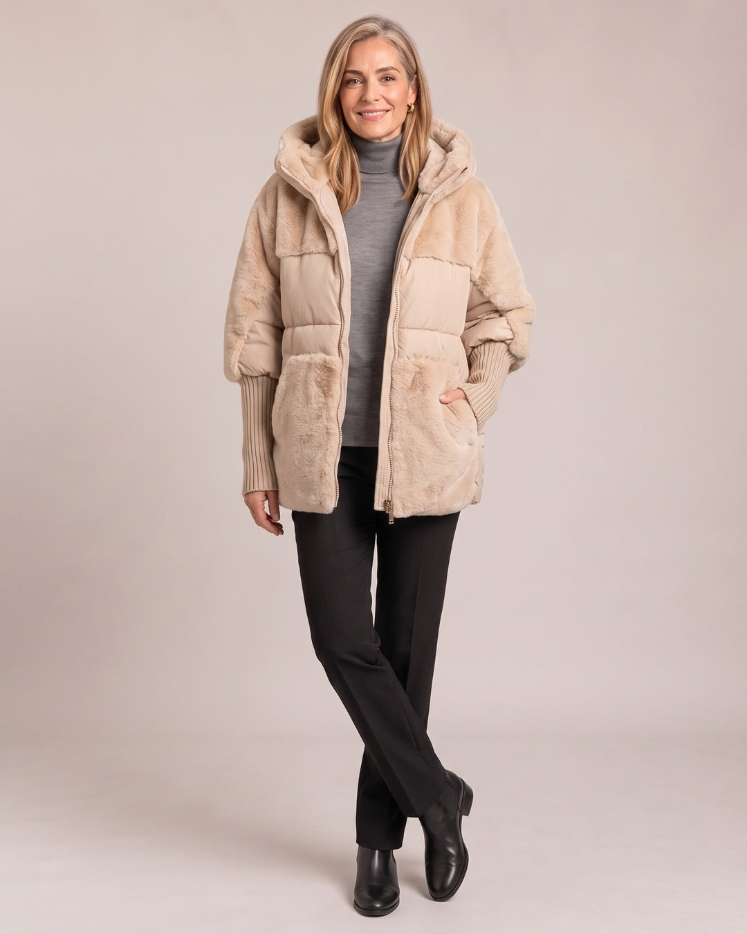 Hooded Faux-Fur Panel Puffer Jacket worn by a model, Apricot