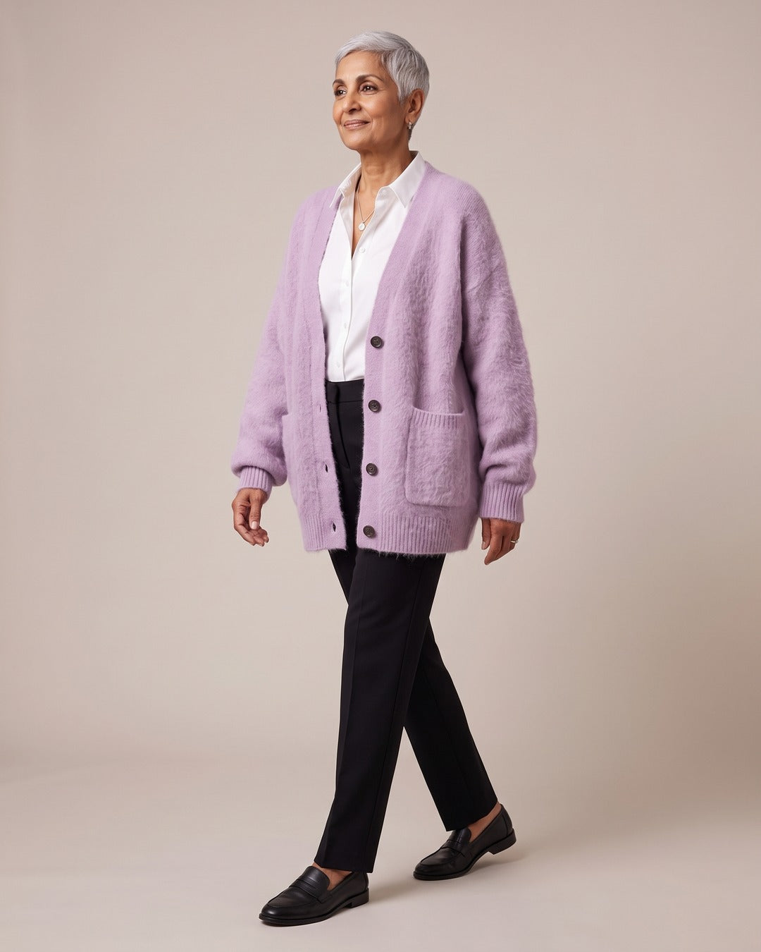 Fluffy Oversized Knit Cardigan worn by a model, Lilac