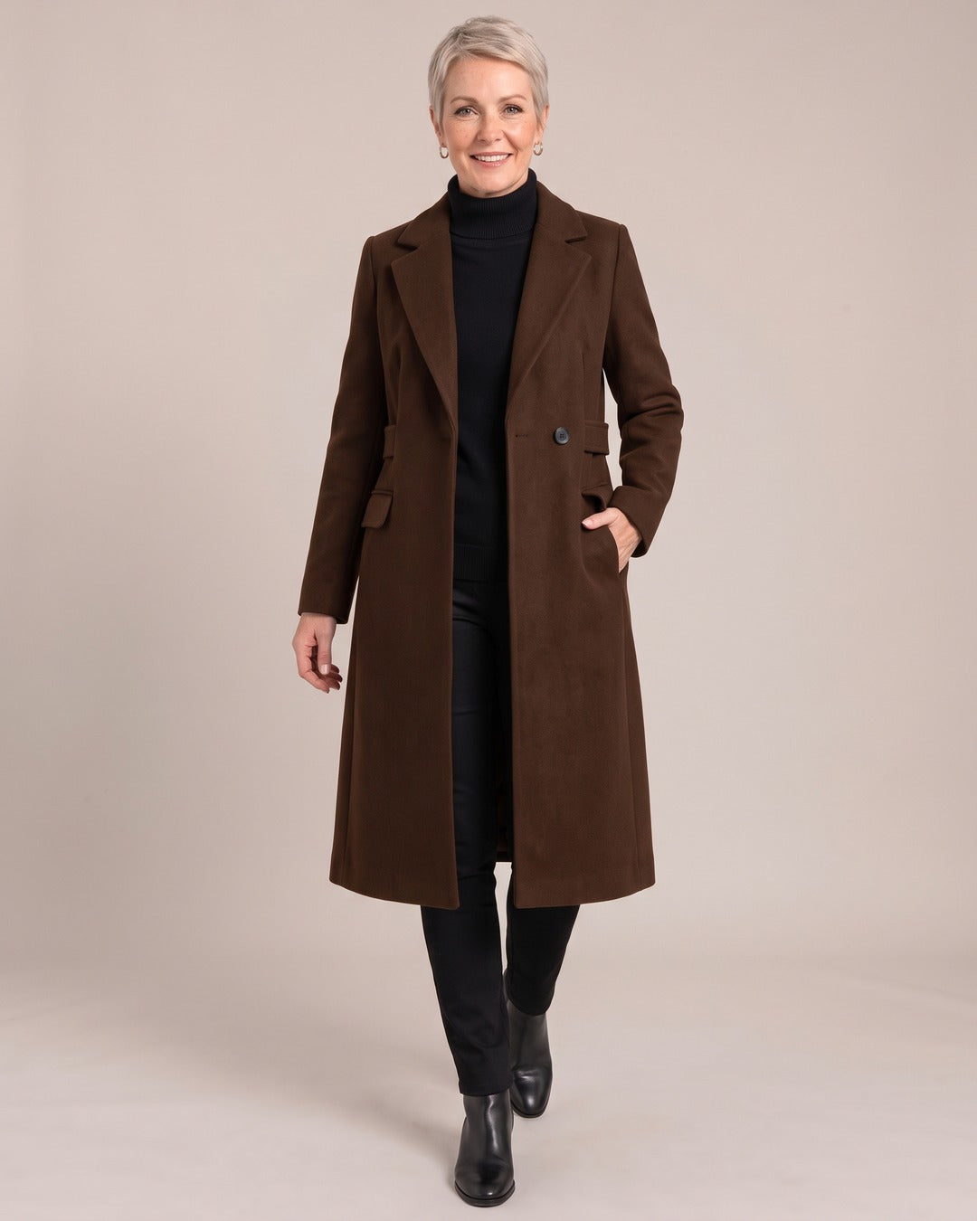Mid-Long Trench Coat worn by a model, Brown