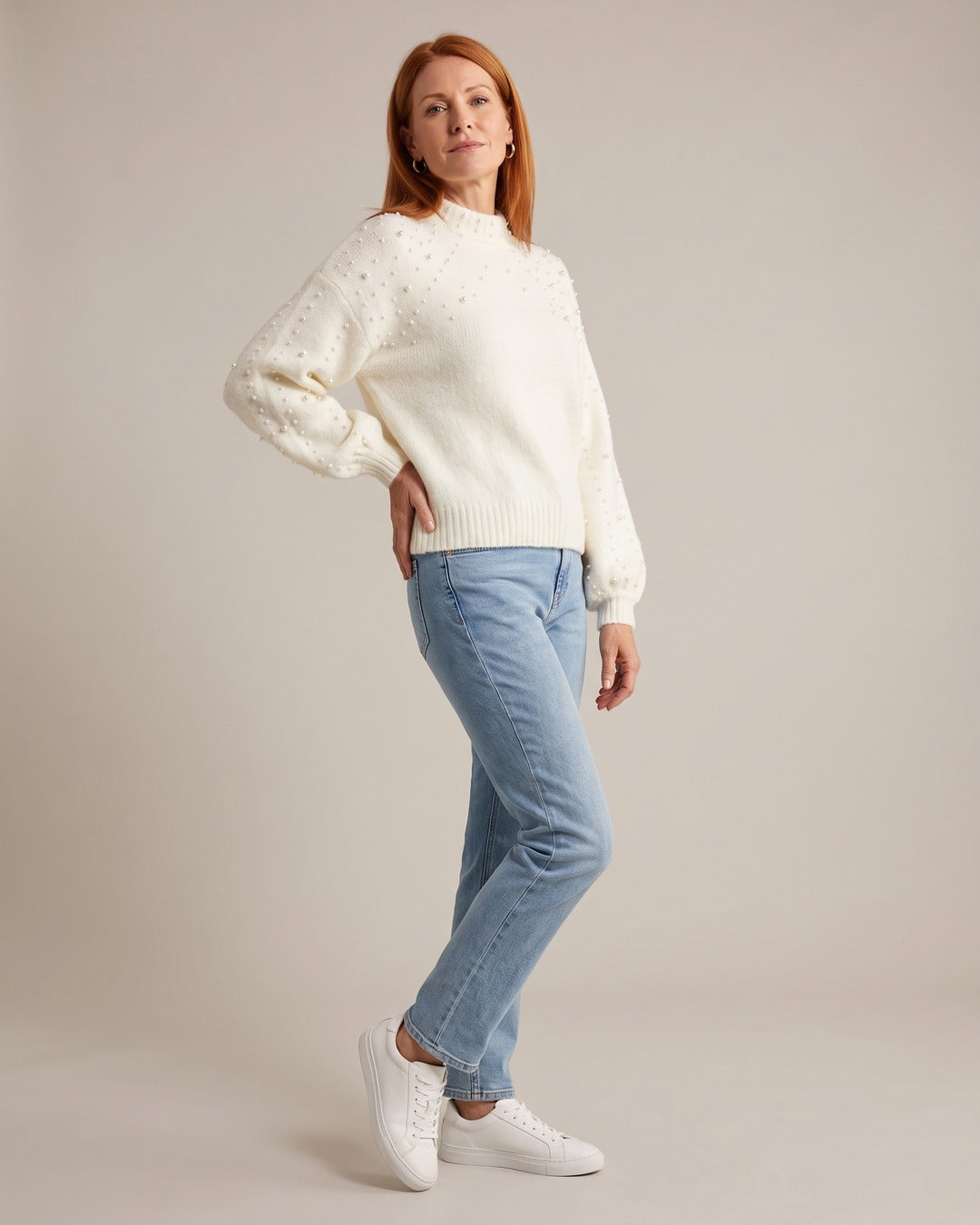 Pearl-Embellished Jumper worn by a model