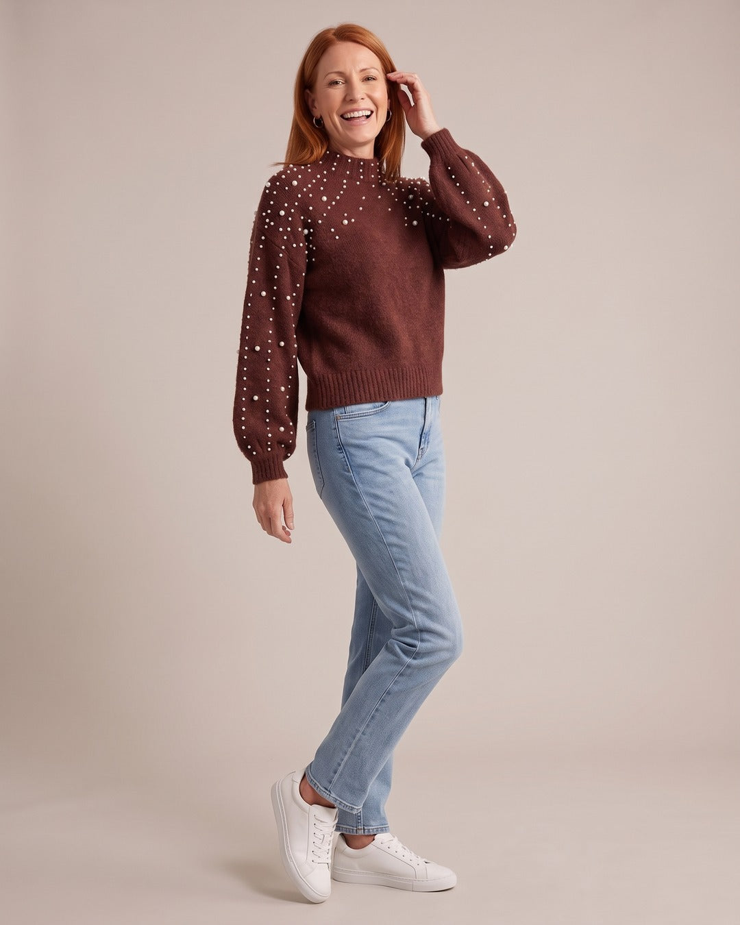 Pearl-Embellished Jumper worn by a model, Burgundy