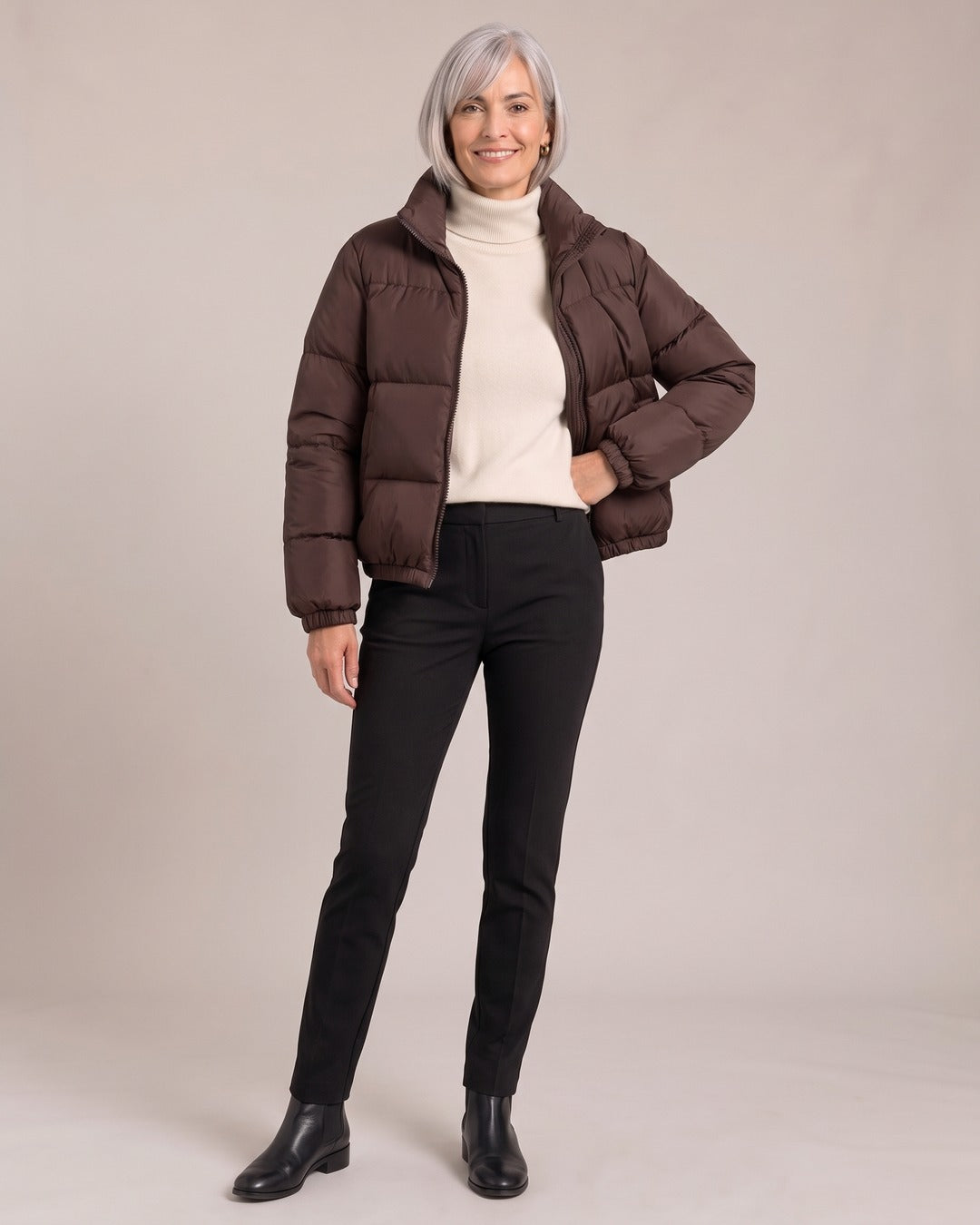 Quilted Puffer Jacket worn by a model, Brown