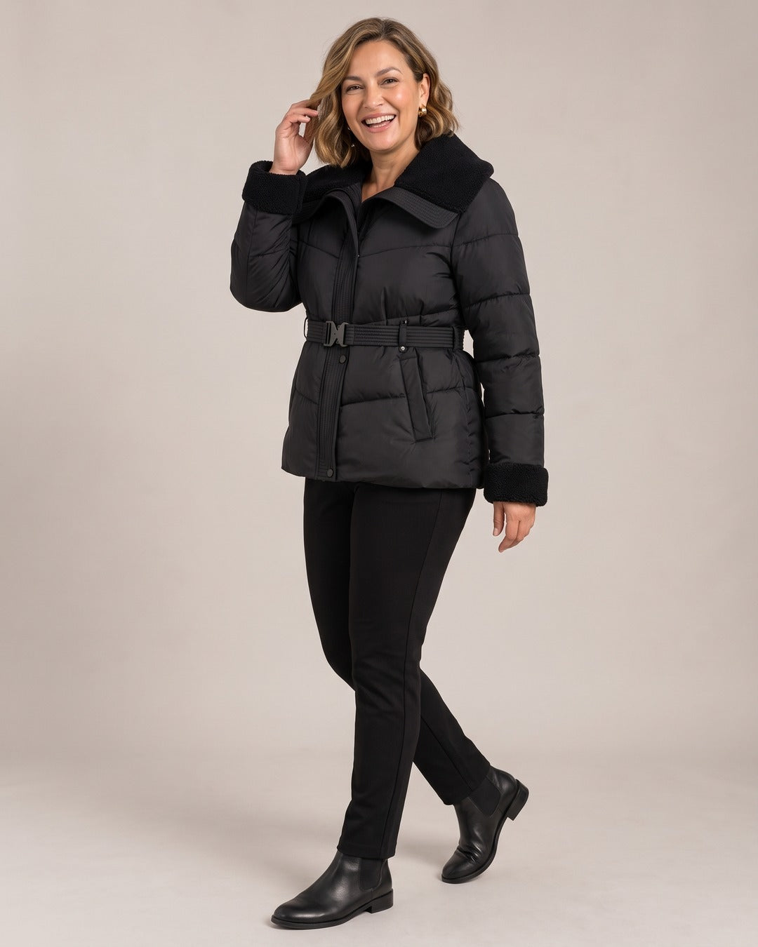 Belted Puffer Jacket worn by a model