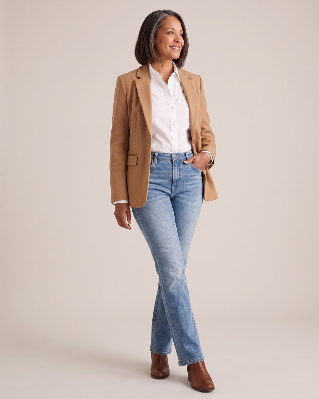 Stretch Bootcut Jeans worn by a model, Light Blue – Ankle