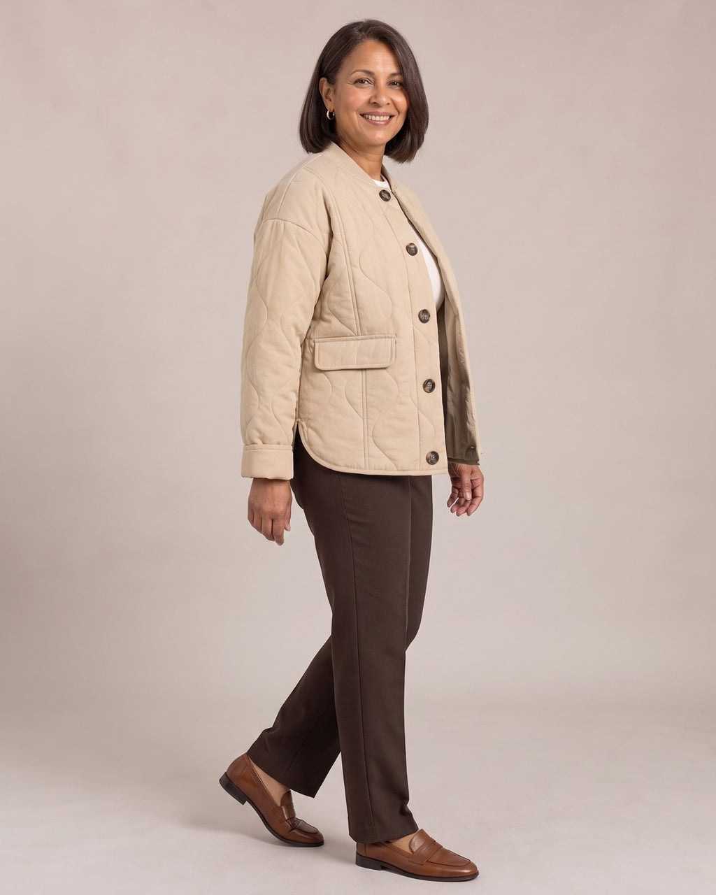 Quilted Collarless Jacket worn by a model, side view