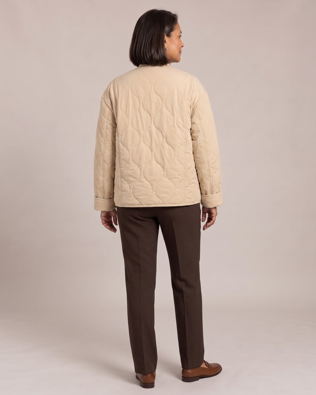 Quilted Collarless Jacket worn by a model, back view