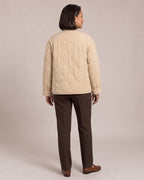 Quilted Collarless Jacket worn by a model, back view