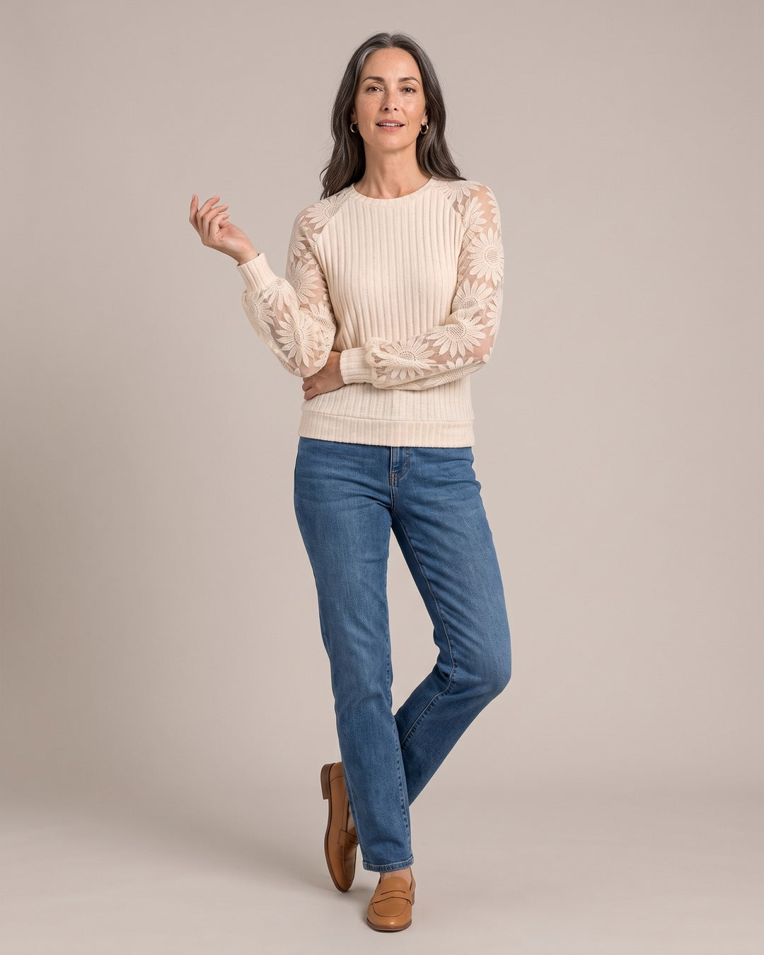 Lace-Sleeve Ribbed Jumper worn by a model
