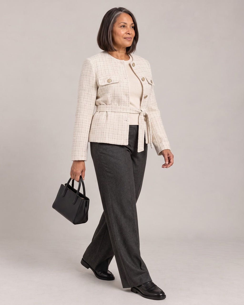 Tweed Jacket with Belt worn by a model