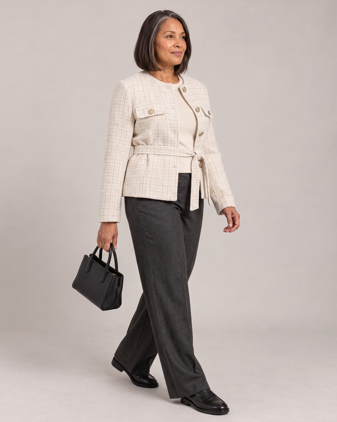 Tweed Jacket with Belt worn by a model