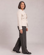 Tweed Jacket with Belt worn by a model, side view