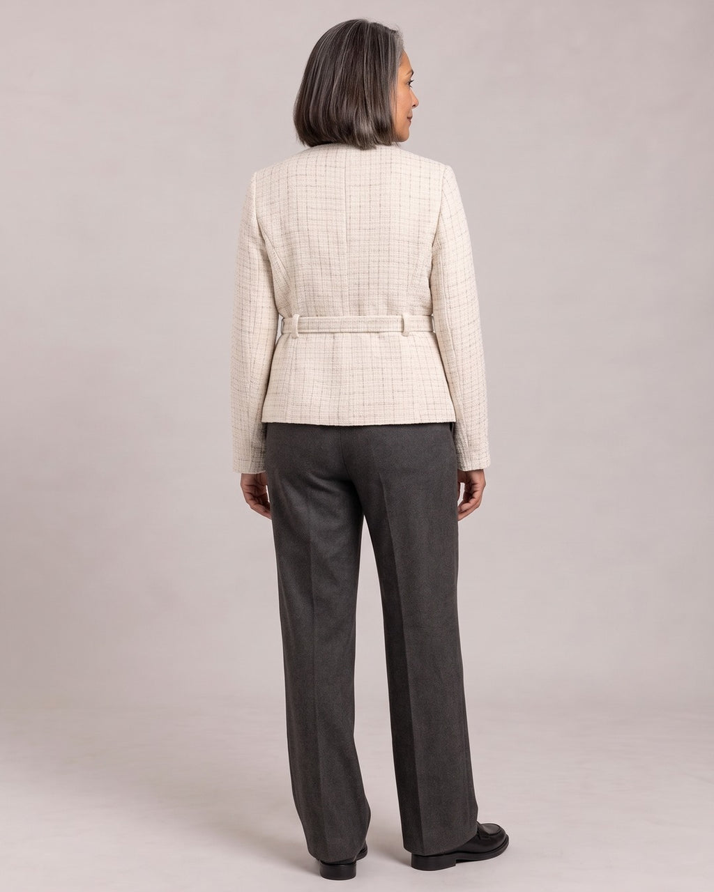 Tweed Jacket with Belt worn by a model, back view