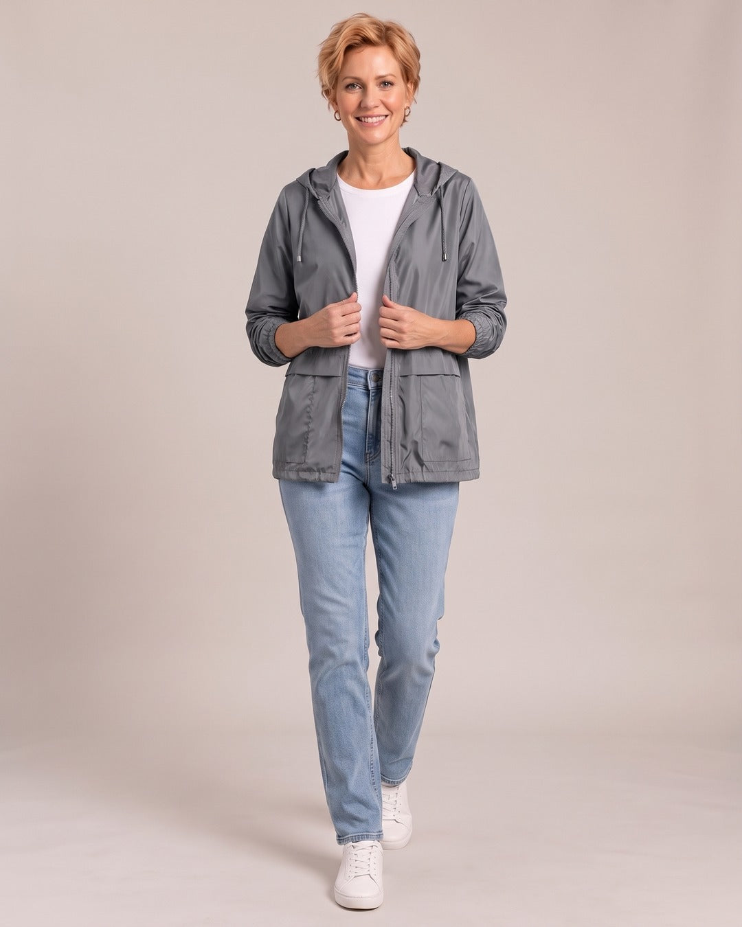 Lightweight Hooded Windbreaker Jacket worn by a model, Grey