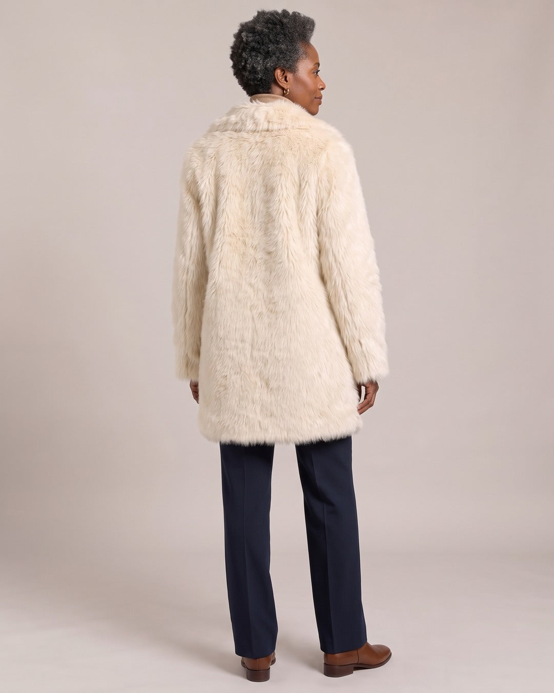 Longline Faux Fur Coat worn by a model, back view