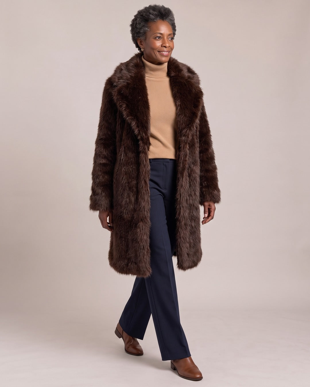 Longline Faux Fur Coat worn by a model, Brown