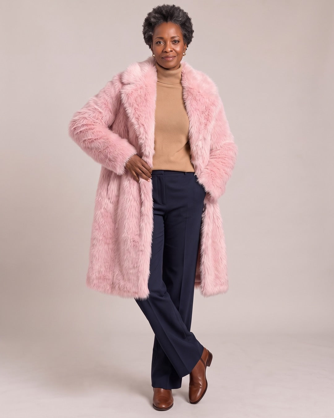 Longline Faux Fur Coat worn by a model, Pink
