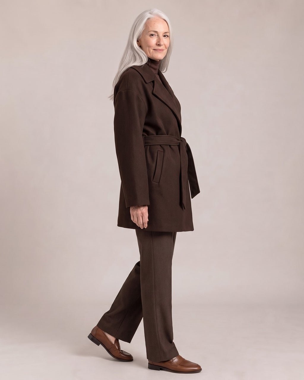 Belted Wrap Coat worn by a model, side view