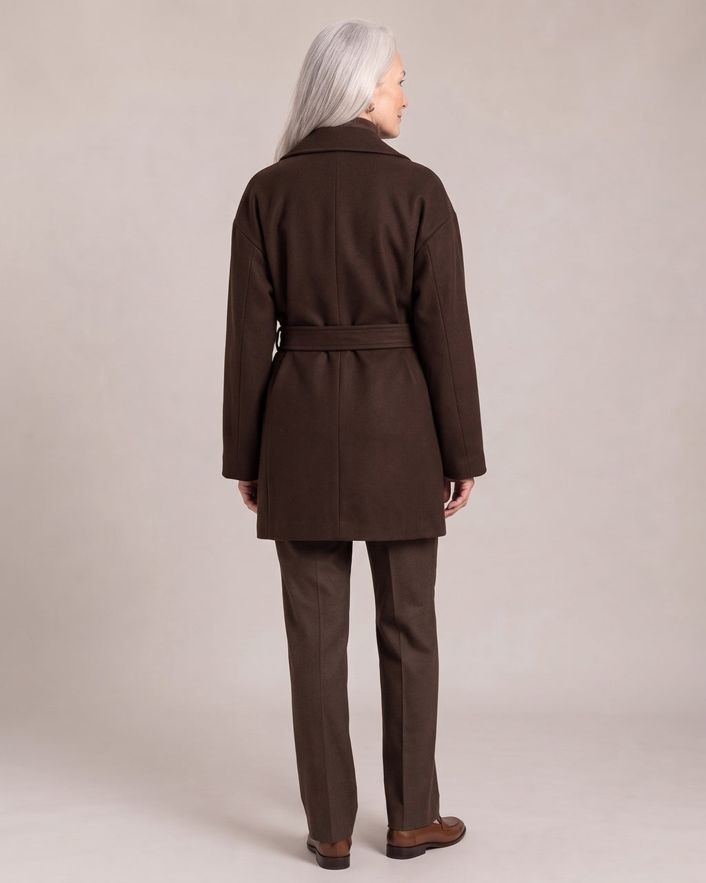 Belted Wrap Coat worn by a model, back view