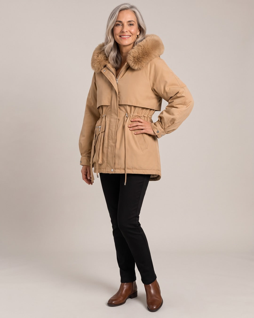 Faux-Fur Collar Parka worn by a model