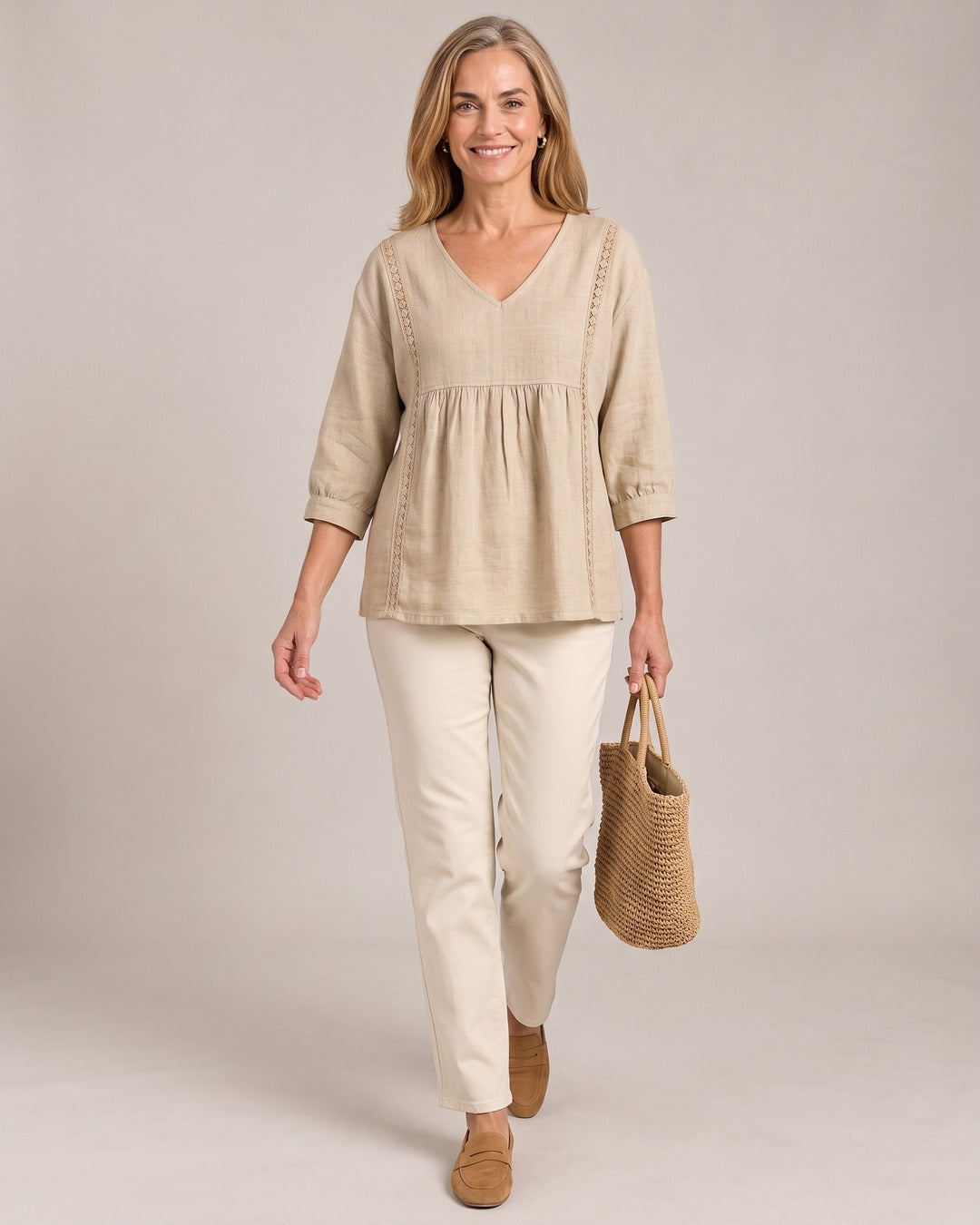 Lace-Trim V-Neck Top worn by a model