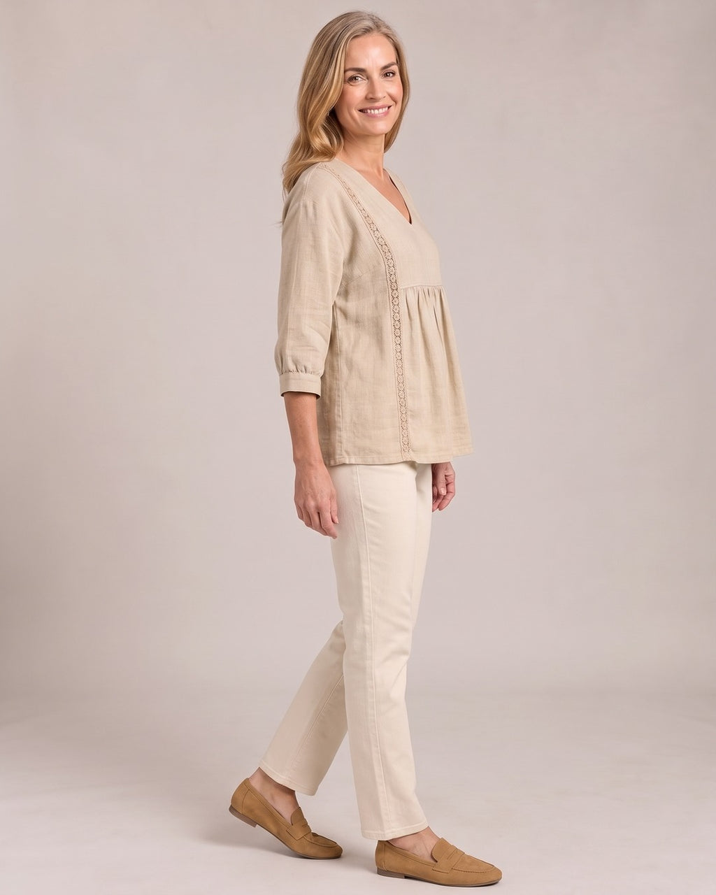 Lace-Trim V-Neck Top worn by a model, side view