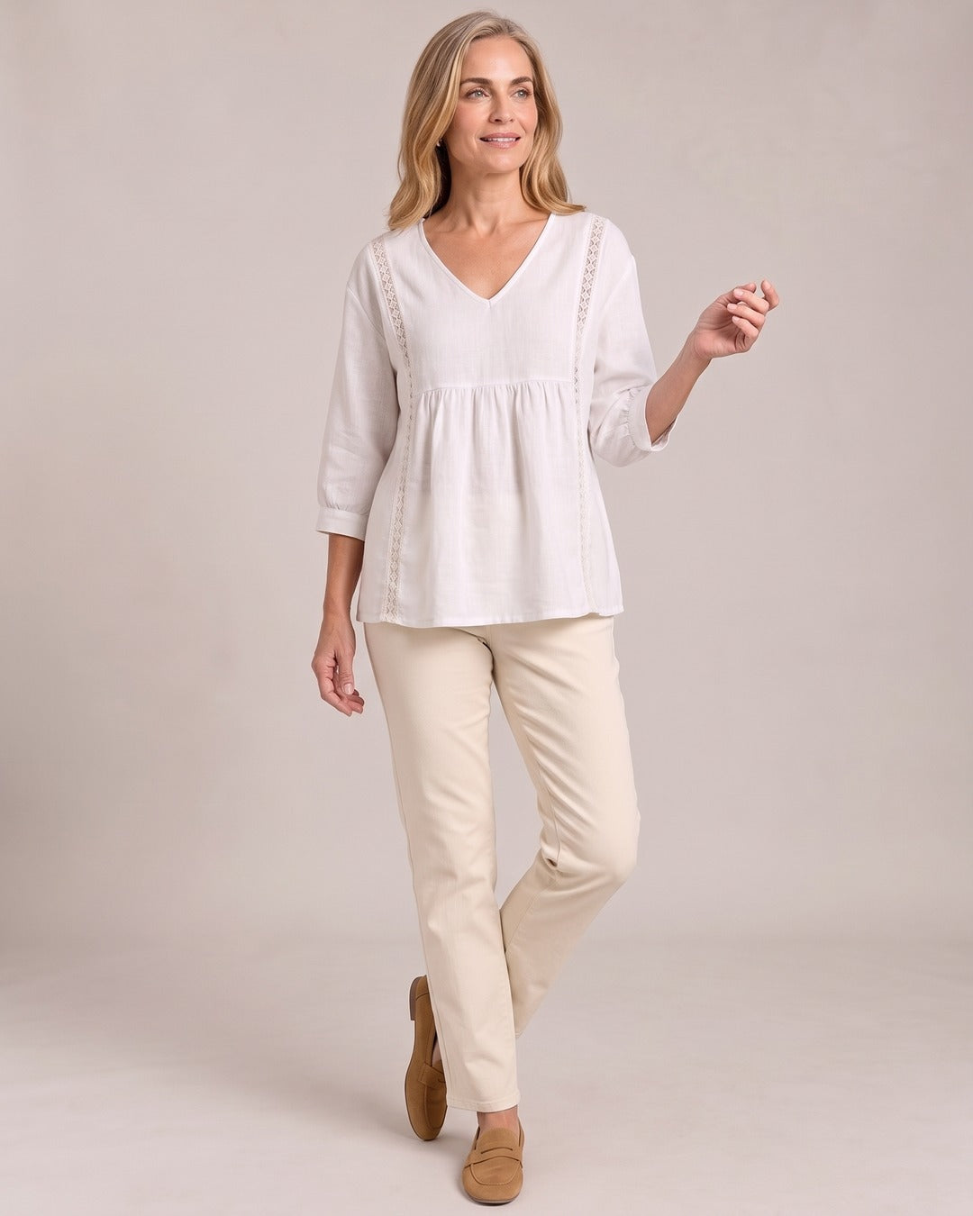 Lace-Trim V-Neck Top worn by a model, White
