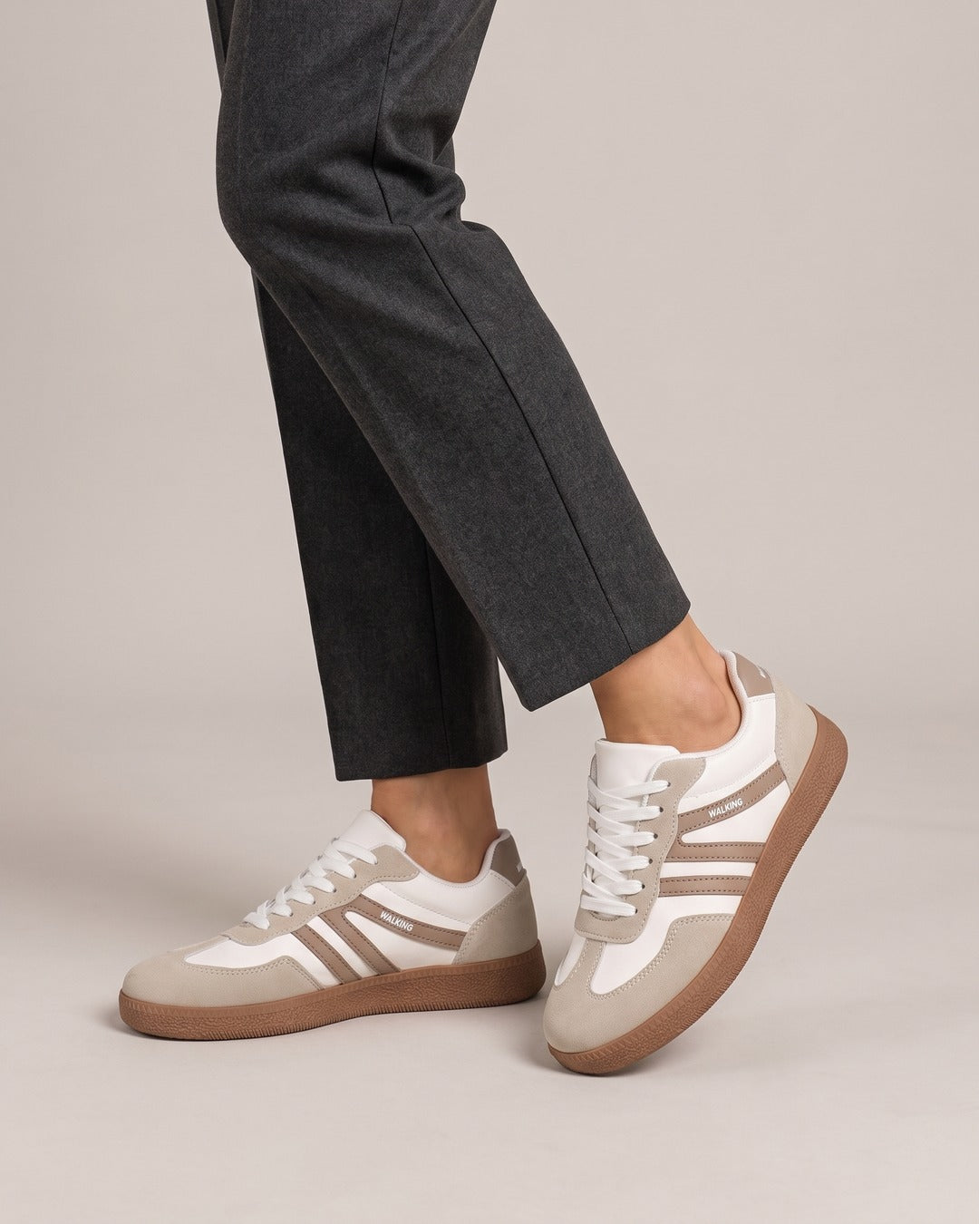 Retro Striped Trainer in Beige, worn