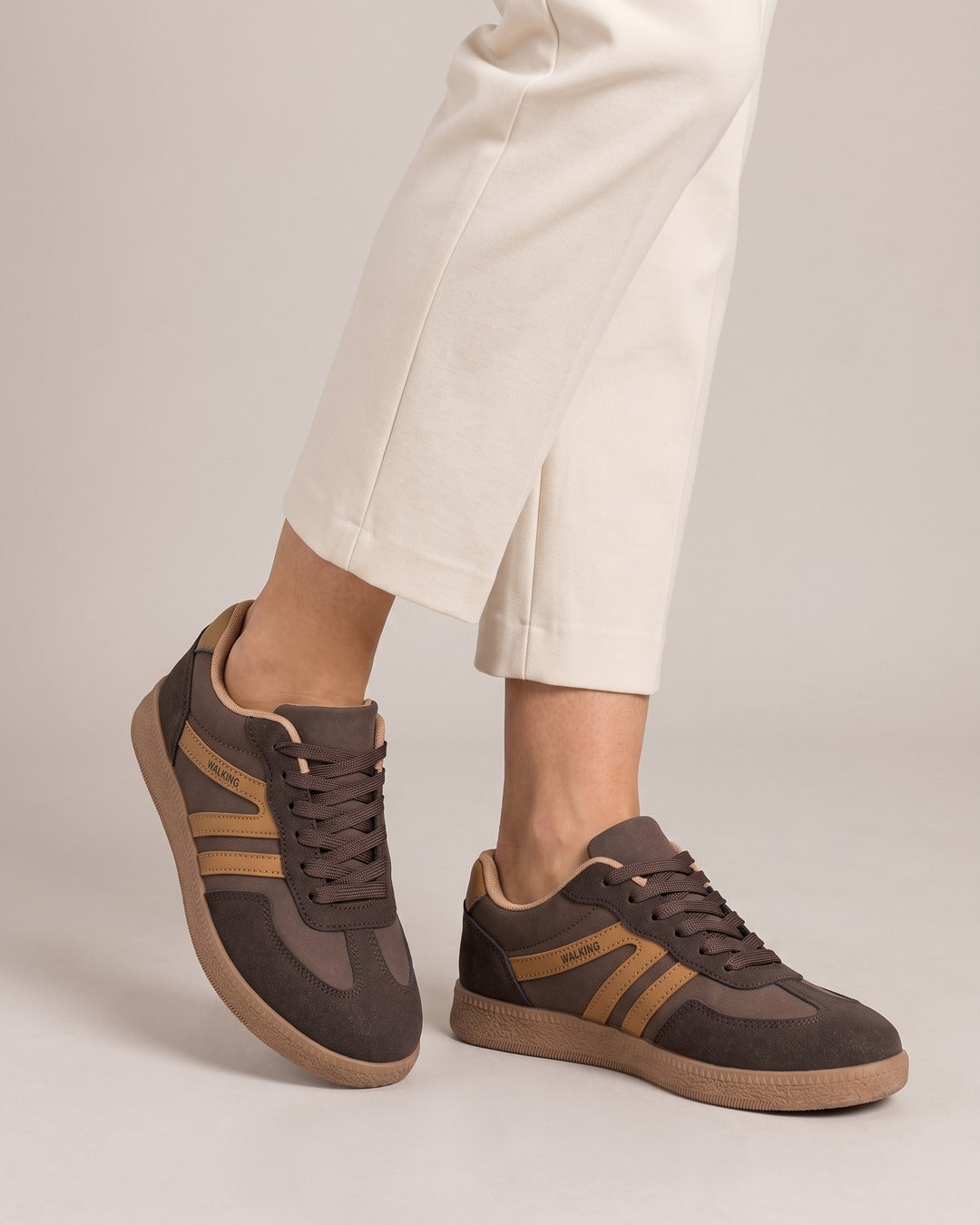 Retro Striped Trainer in Brown, worn