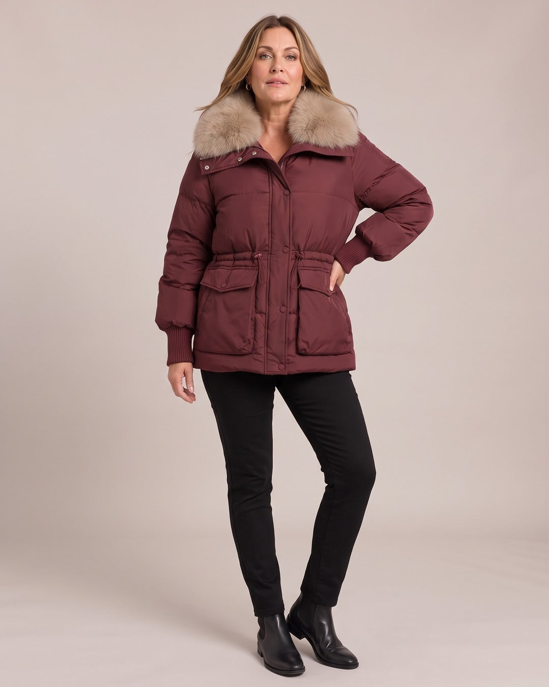 Winter Parka Coat worn by a model, Red