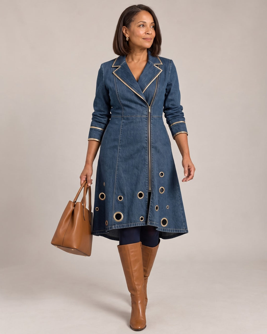 Lapel-Collar Zip Midi Dress worn by a model